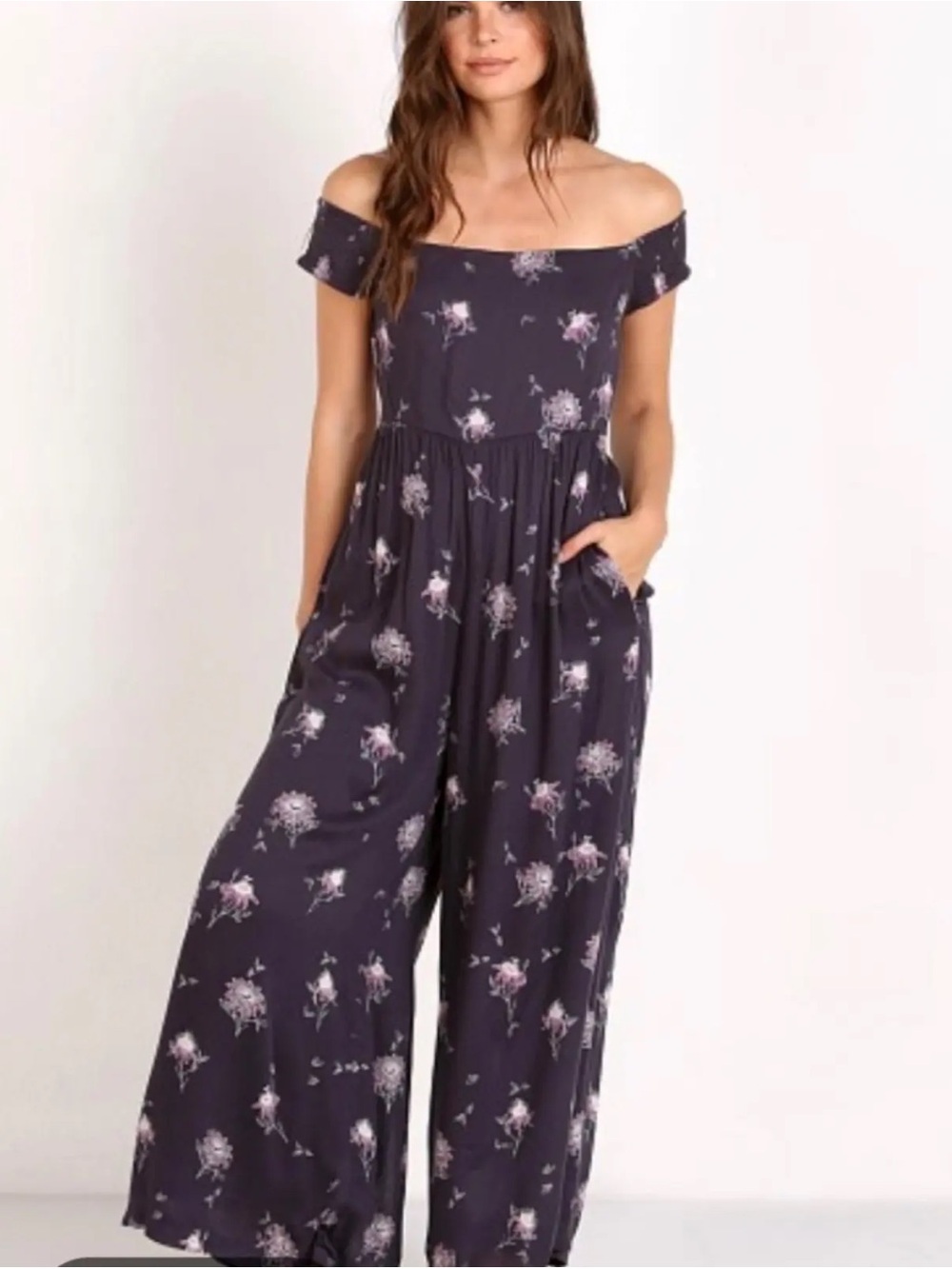 Free People Aster Off-Shoulder Floral Wide-Leg Jumpsuit - Dark Purple